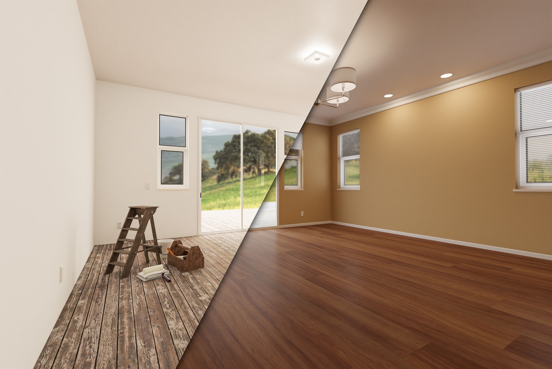 Unfinished Raw and Newly Remodeled Roomof House Before and After with Wood Floors, Moulding, Tan Paint and Ceiling Lights.